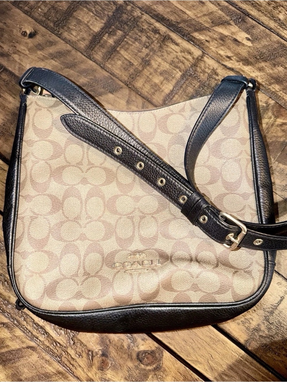 Coach Signature Canvas Hobo in Khaki and Black Trim